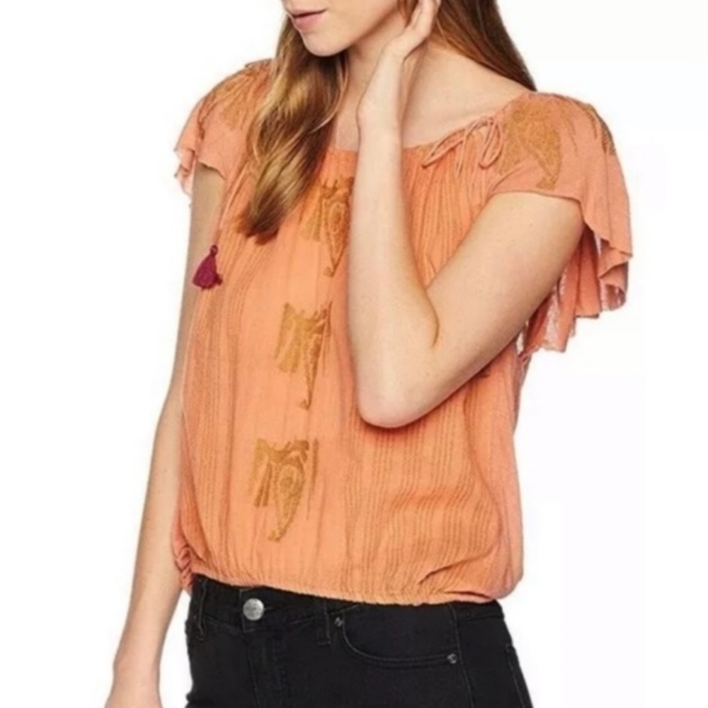 Free People Orange Boho Flutter Sleeve Tassle Top